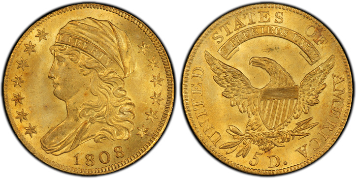 1808/7 Capped Bust Left Half Eagle. BD-2. MS-65 (PCGS).